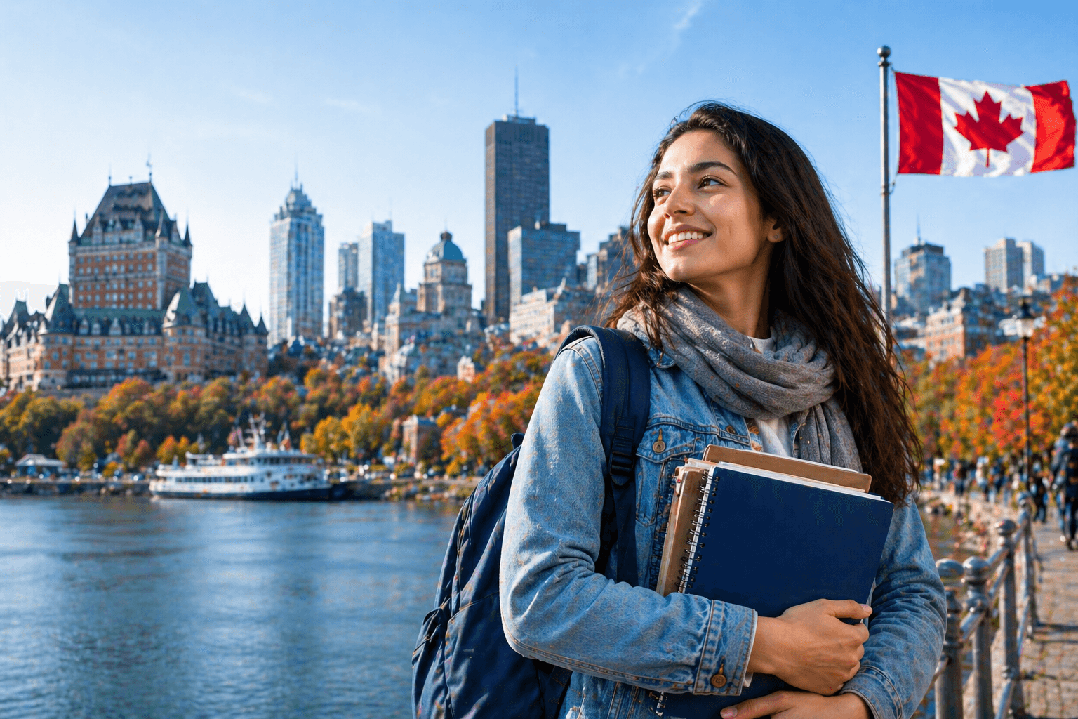 International student in front of the Château Frontenac in Quebec City