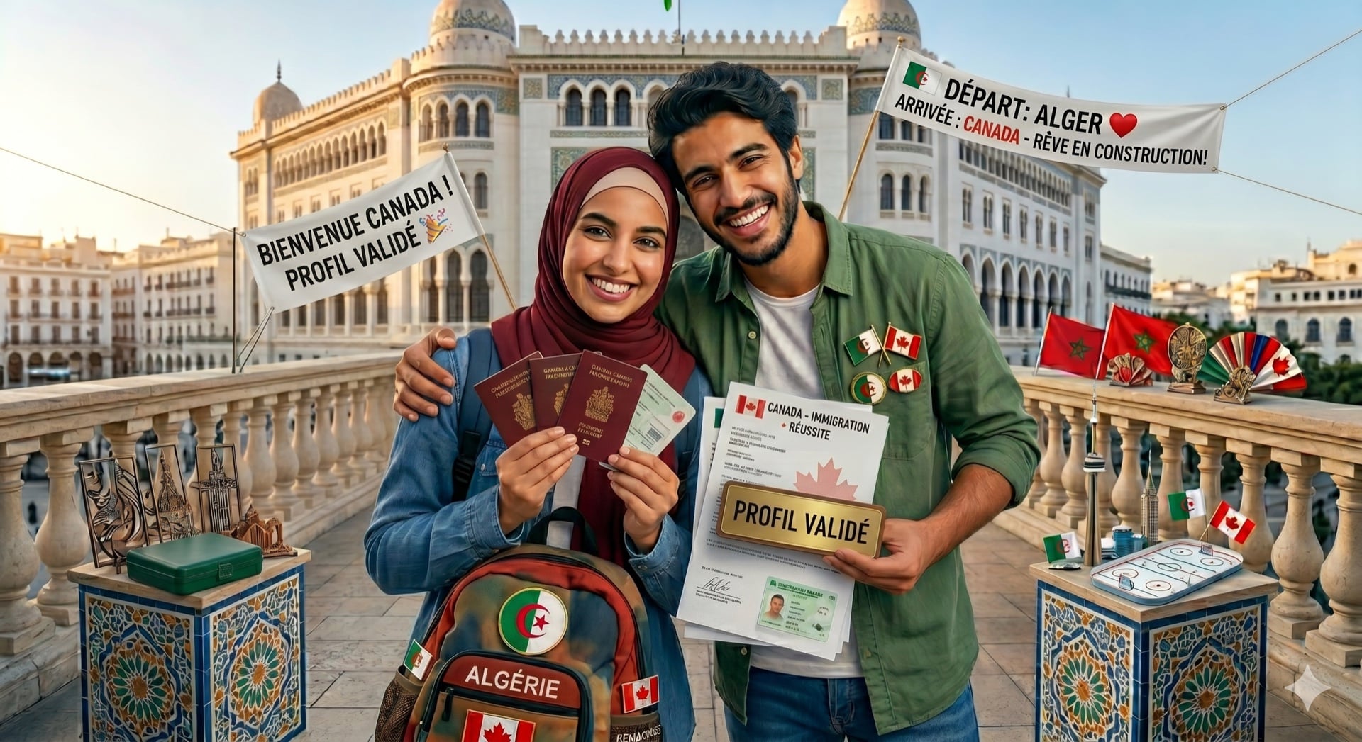 Couple algérien célébrant la validation de leur profil devant la Grande Poste d'Alger · Dépôt de dossier réussi vers le Canada · SOS Hub Canada