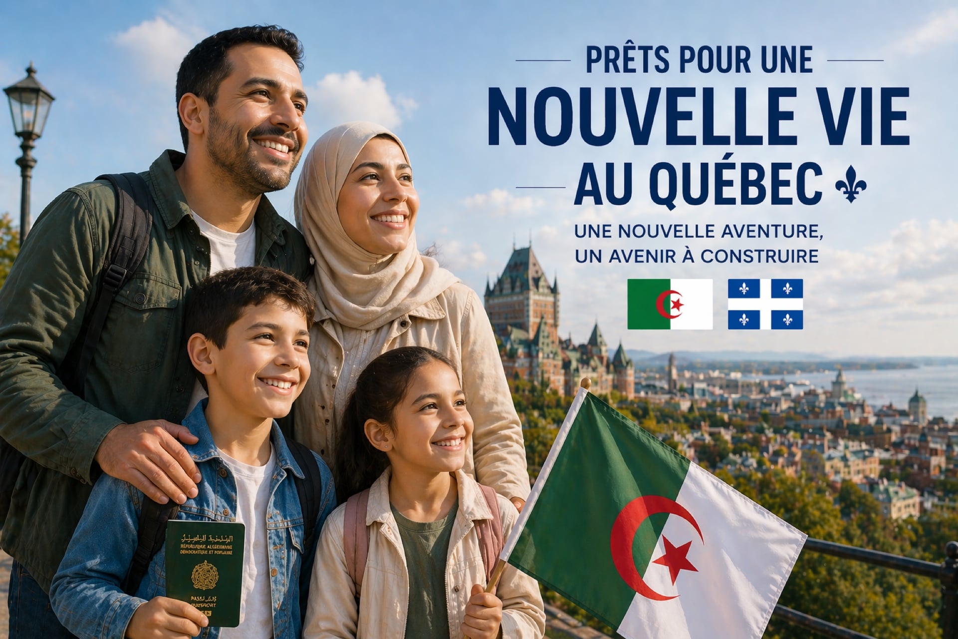 Famille algérienne avec passeport de la République algérienne démocratique et populaire et drapeau national devant le Château Frontenac à Québec · Prêts pour une nouvelle vie au Québec · SOS Hub Canada