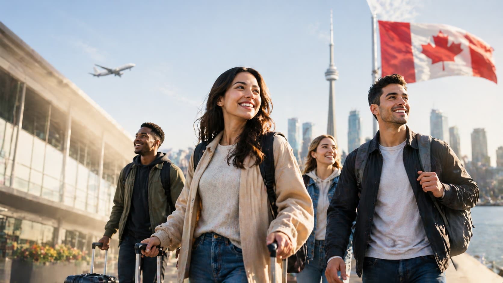 Recién llegados a Canadá con la bandera canadiense