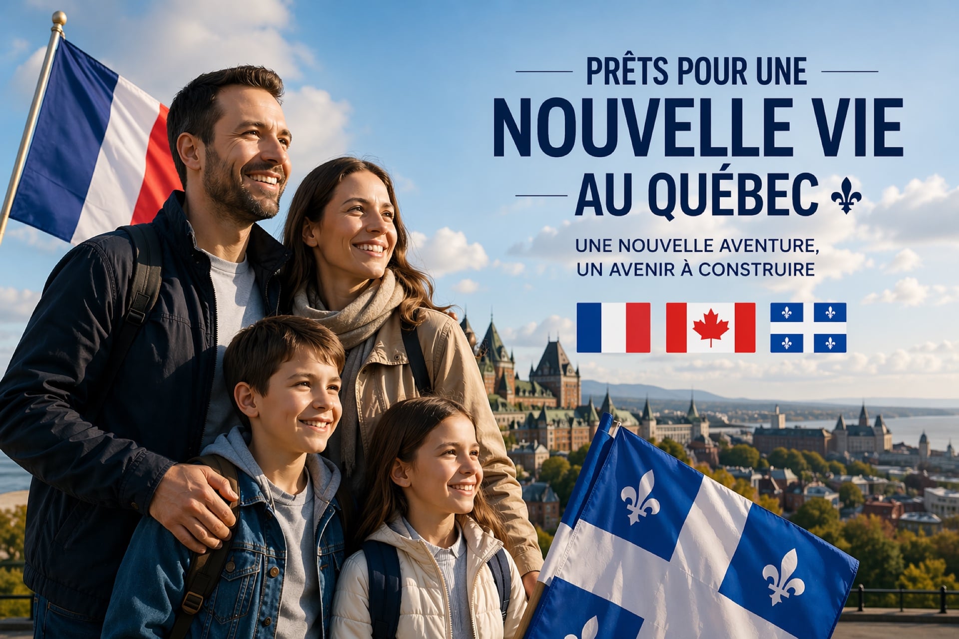 Famille française devant le Château Frontenac à Québec · Prêts pour une nouvelle vie au Québec · SOS Hub Canada