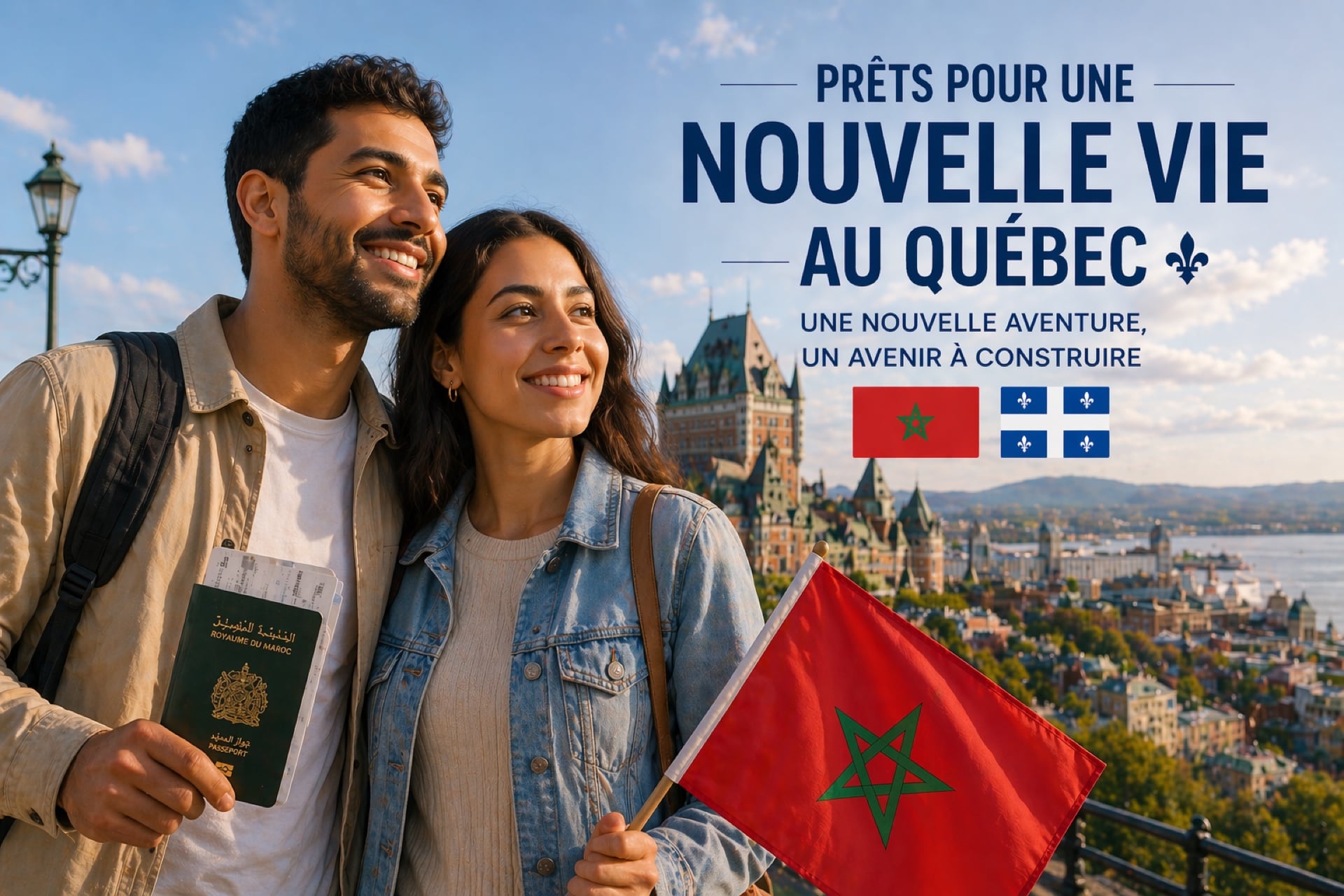 Couple marocain avec passeport du Royaume du Maroc et drapeau du Maroc devant le Château Frontenac à Québec · Prêts pour une nouvelle vie au Québec · SOS Hub Canada