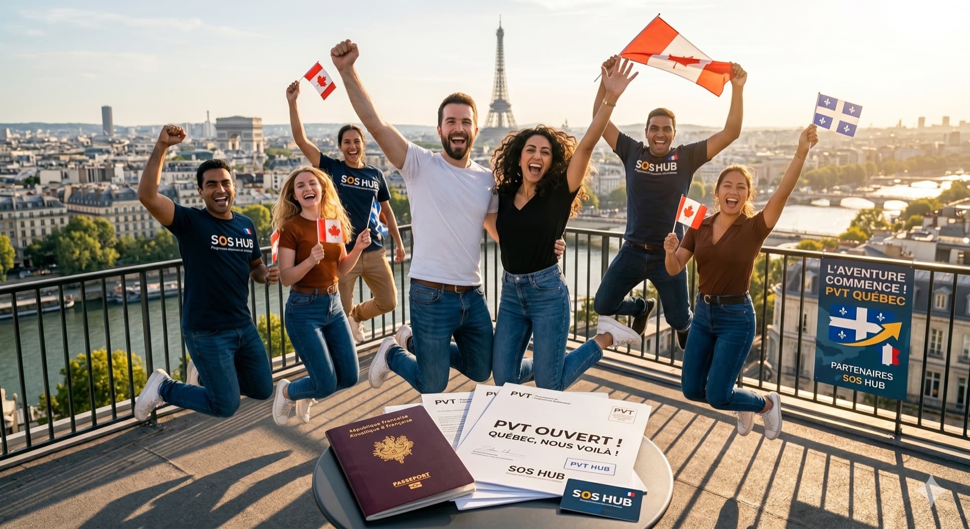 Jeunes Français célébrant leur PVT Canada sur un toit parisien · Paris-Québec avec SOS Hub Canada