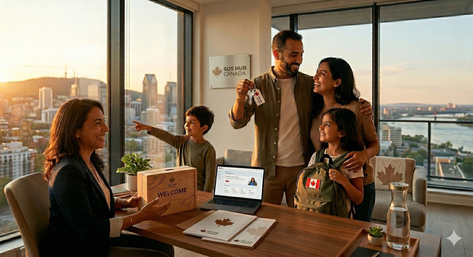 Famille accueillie à Montréal par SOS Hub Canada, avec vue sur la ville au coucher du soleil